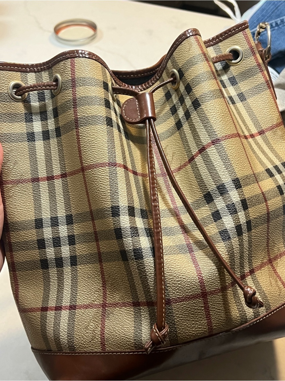 Burberry Tan Beige Check Drawstring Duffel with Brown Trim